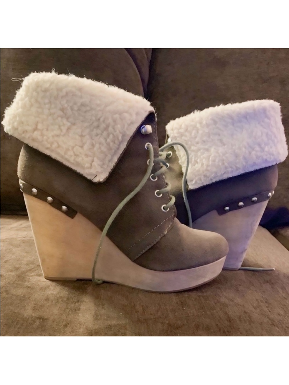 naughty monkey Gray / Olive Green Wedge Bootie. Women's size 7.